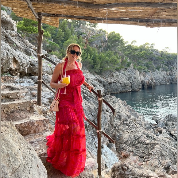 Alexis pink & red dress w ruffle details and  matching sash. - Picture 3 of 5